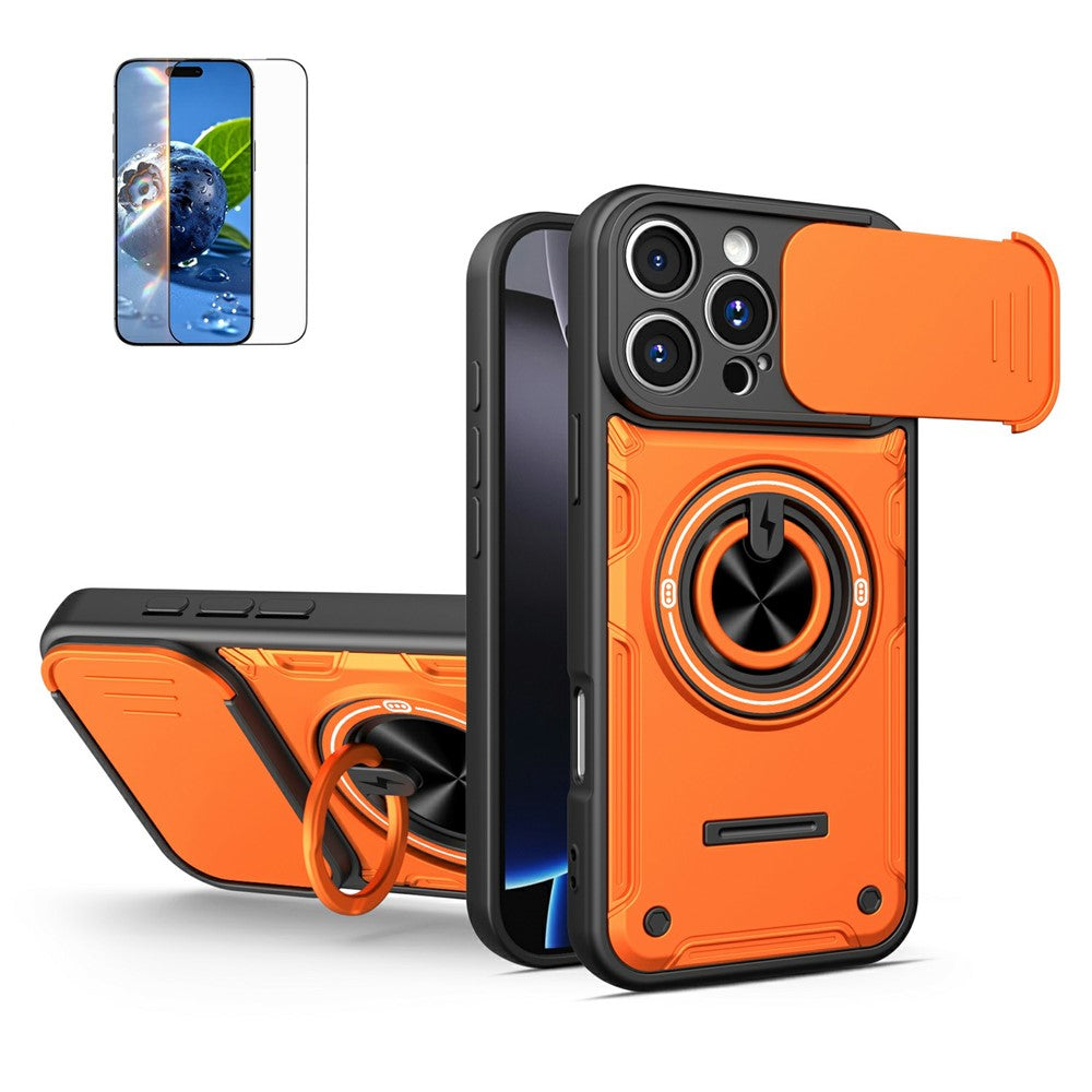 For iPhone 16 Pro Max Case Sliding Camera Cover Ring Kickstand PC + TPU Phone Shell with Tempered Glass Film