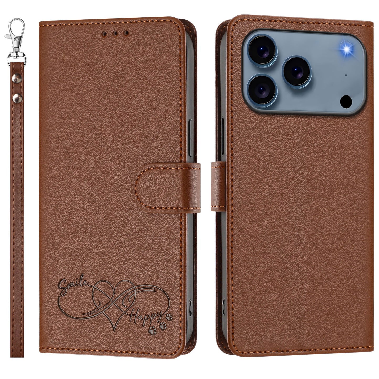 For iPhone 18 Pro / iPhone 17 Pro Case PU Leather Heart Pattern Wallet Flip Phone Cover with Hand Strap