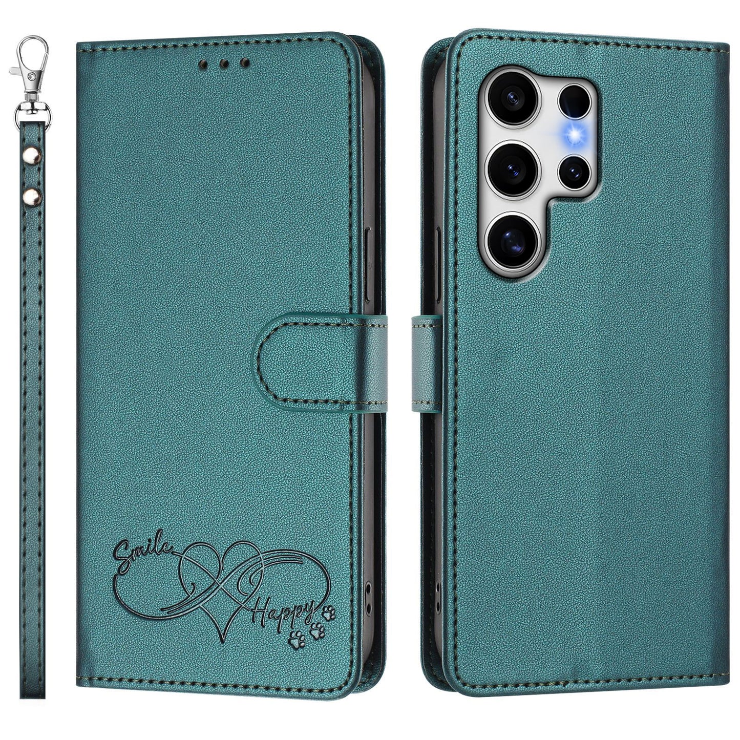For Samsung Galaxy S25 Ultra Case PU Leather Heart Pattern Wallet Flip Phone Cover with Hand Strap