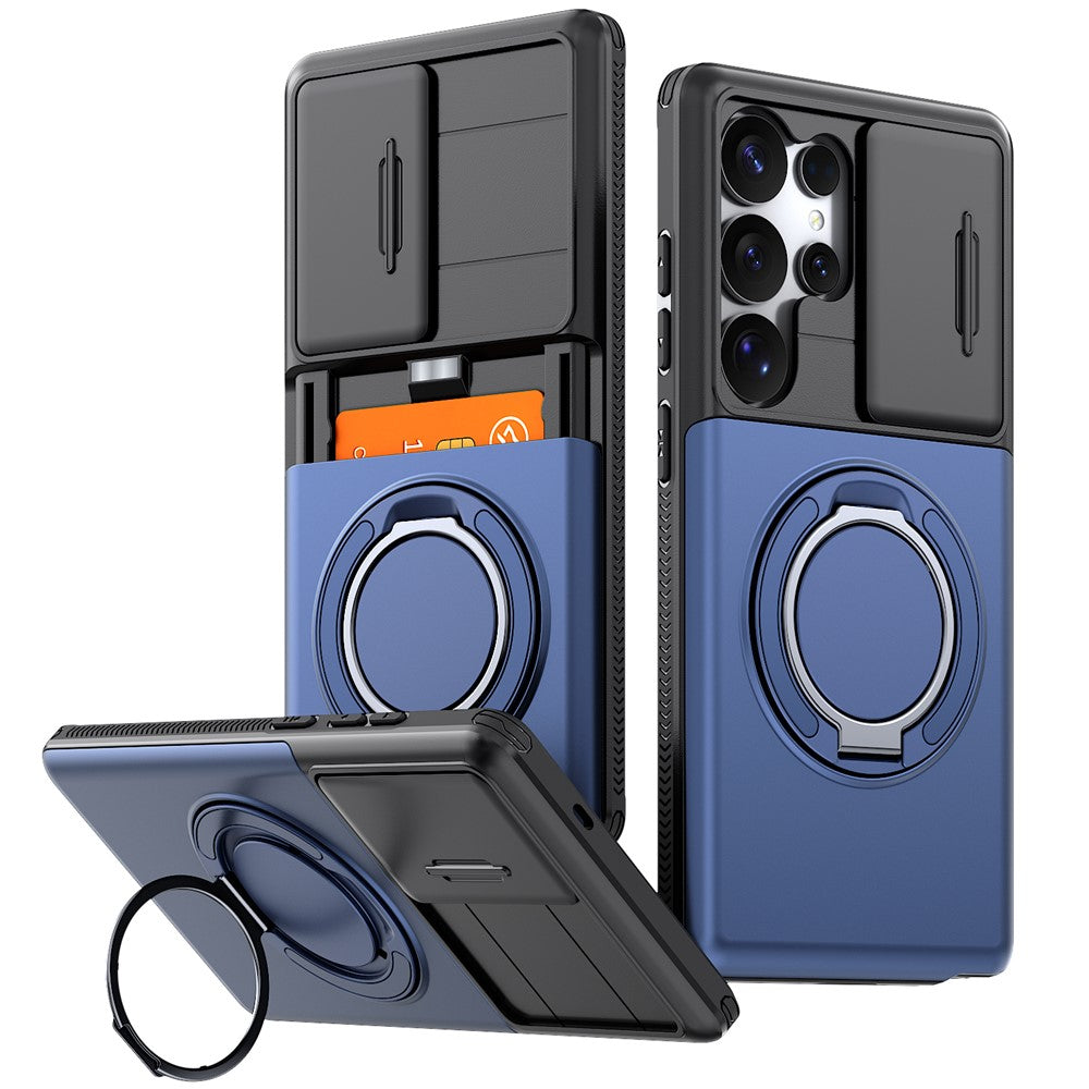 For Samsung Galaxy S25 Ultra Case Slide Camera Cover Kickstand TPU + PC Phone Protective Shell with Card Holder