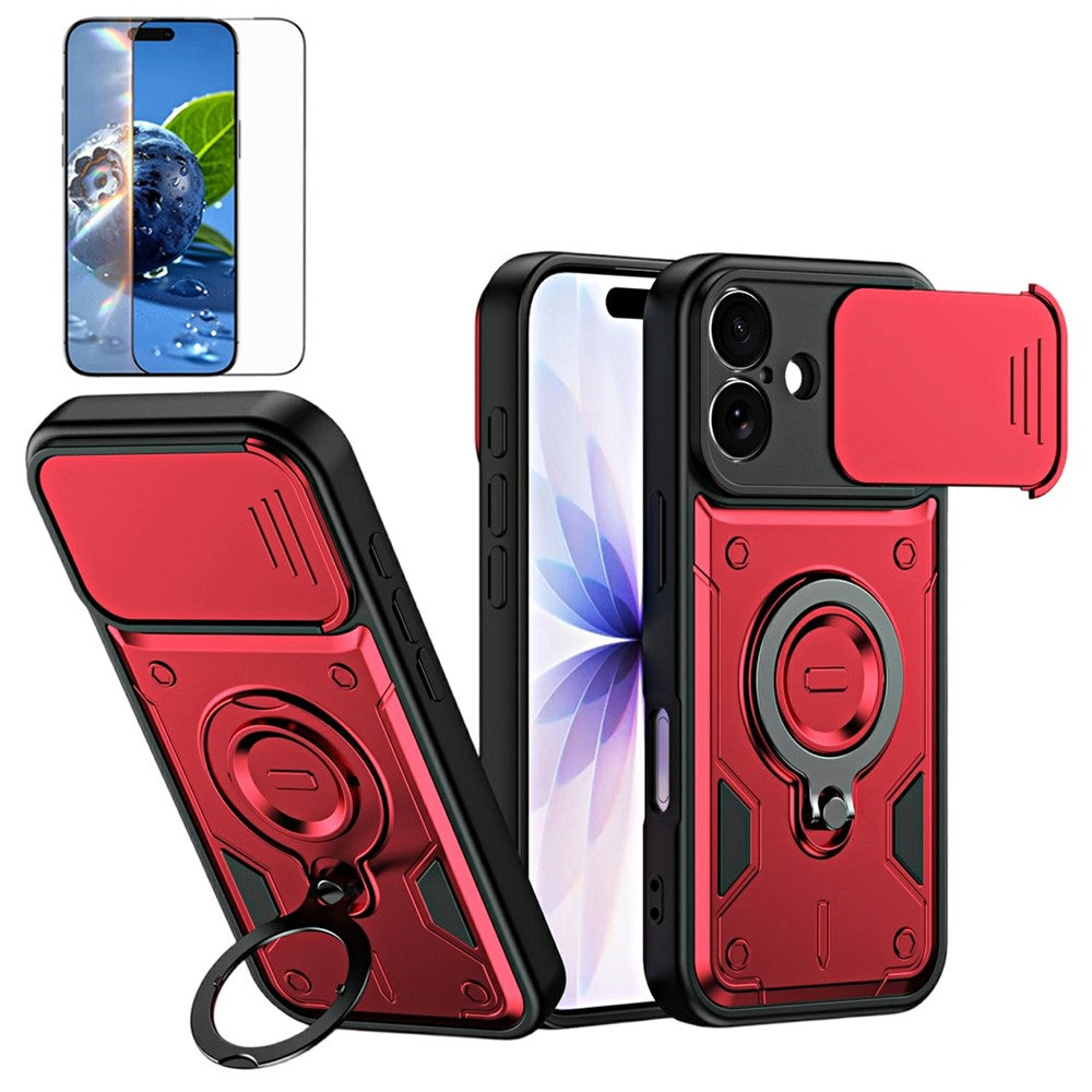 For iPhone 16 Magnetic Case Rotating Kickstand Lens Slider Cover PC + TPU Phone Shell with Tempered Glass Flim