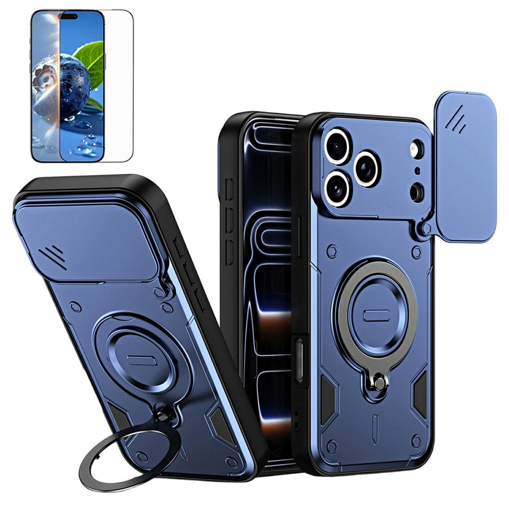 For iPhone 17 Pro Magnetic Case Rotating Kickstand Lens Slider Cover PC + TPU Phone Shell with Tempered Glass Flim