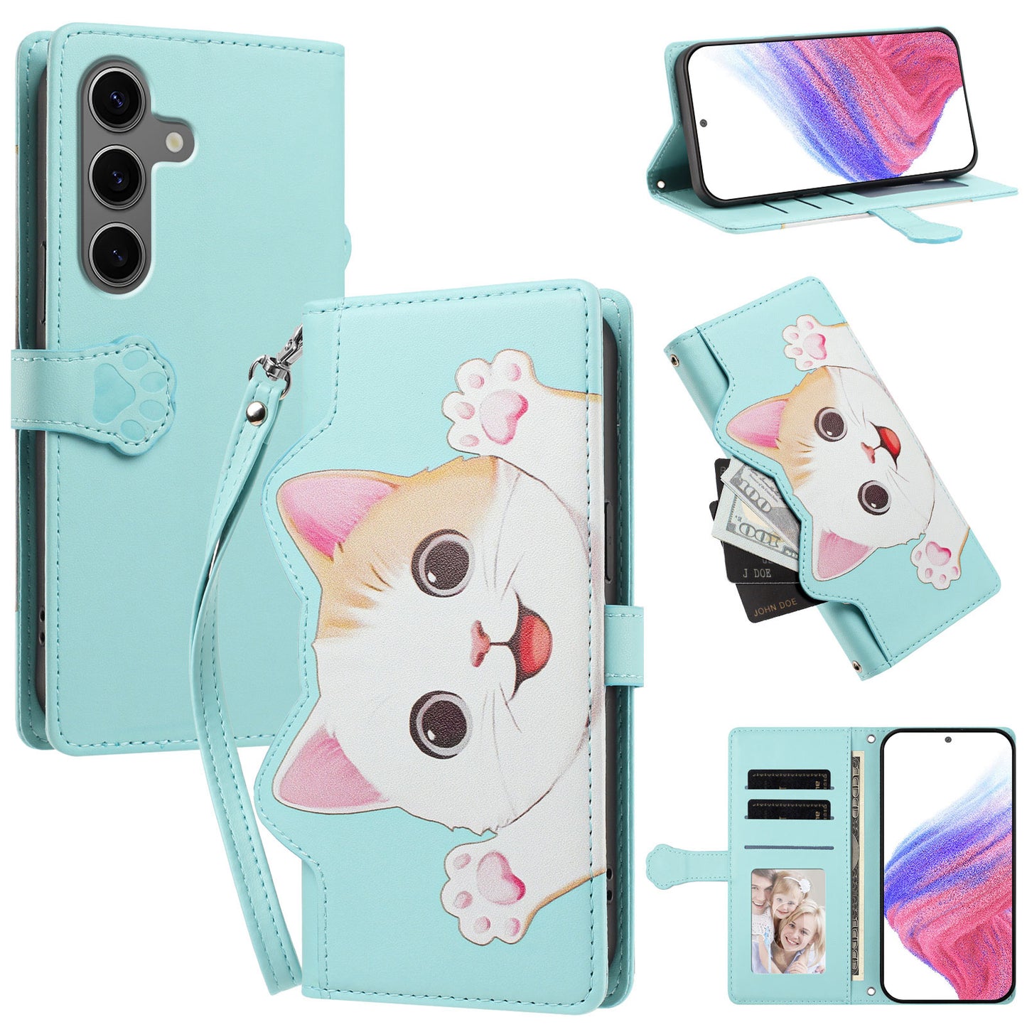 For Samsung Galaxy S26+ Case Cute Cat Pattern PU Leather Flip Wallet Phone Cover with Wrist Strap