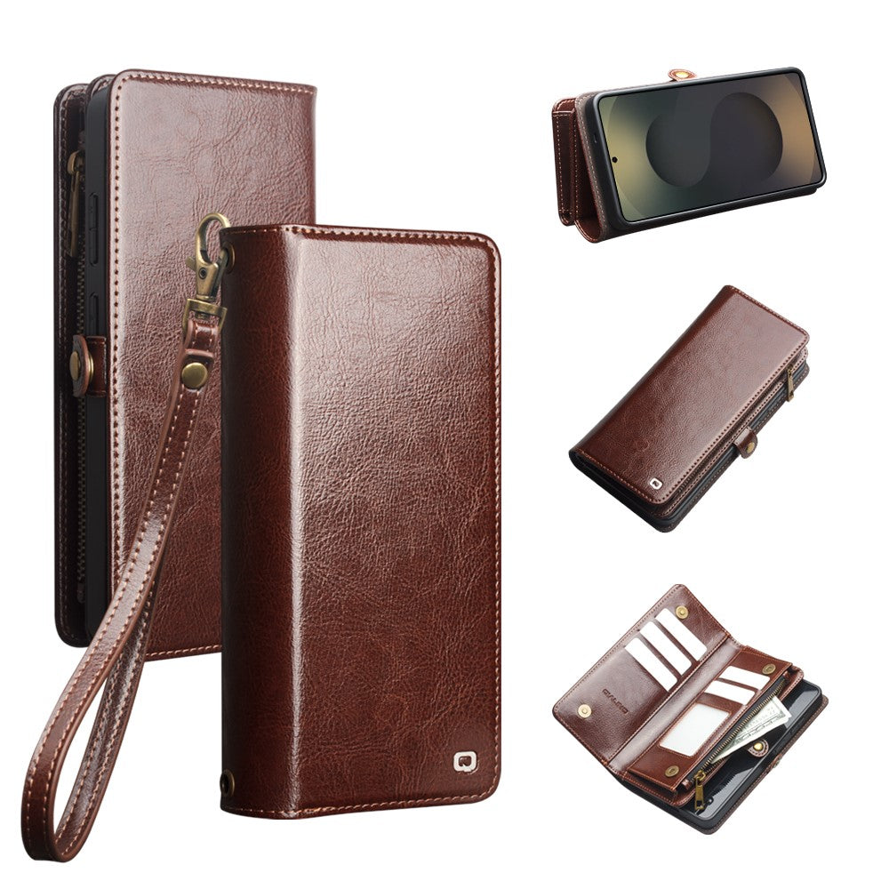 QIALINO for Samsung Galaxy S25 Ultra Case Split Leather Detachable 2 in 1 Wallet Phone Cover with Long Strap and Wrist Strap