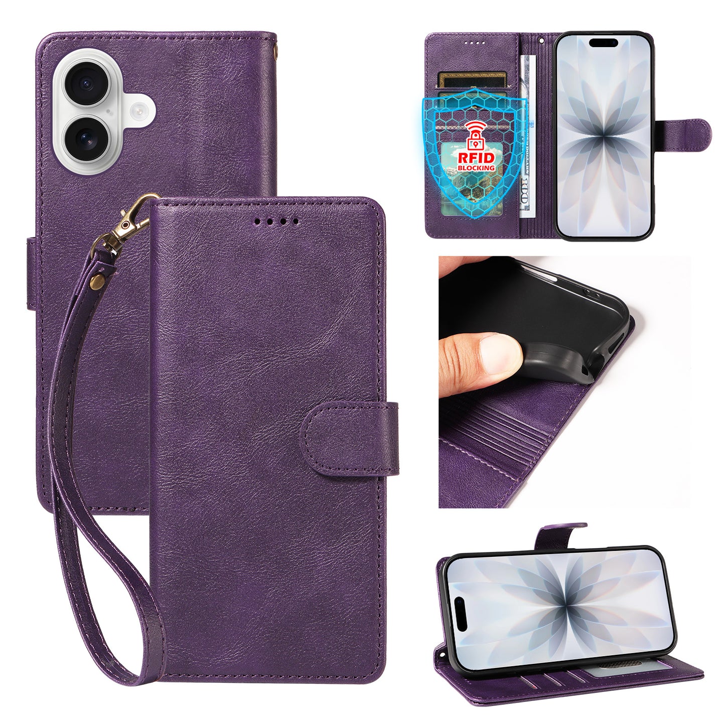 For iPhone 18 / iPhone 17 Case with Wrist Strap RFID Blocking Wallet Cowhide Texture Leather Phone Cover