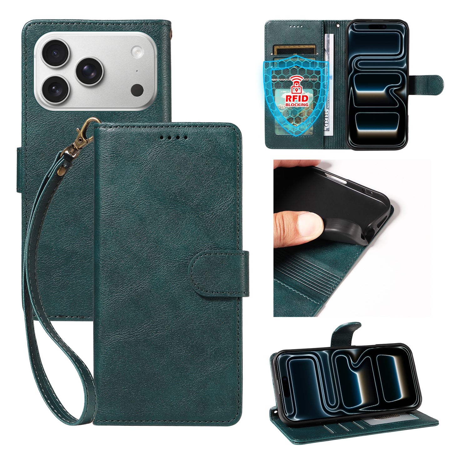 For iPhone 18 Pro / iPhone 17 Pro Case with Wrist Strap RFID Blocking Wallet Cowhide Texture Leather Phone Cover