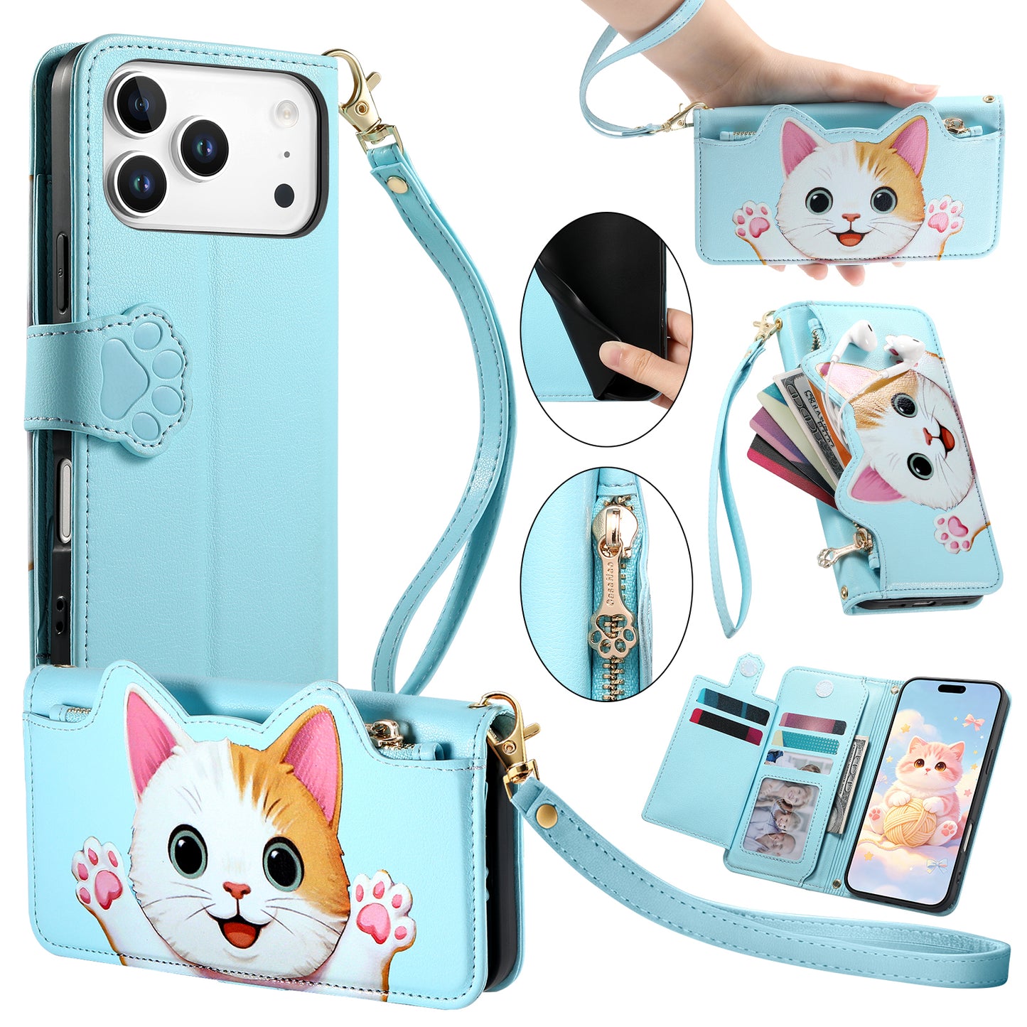 For iPhone 17 Pro Max Case Cute Cat Pattern PU Leather Wallet Phone Cover with Wrist Strap