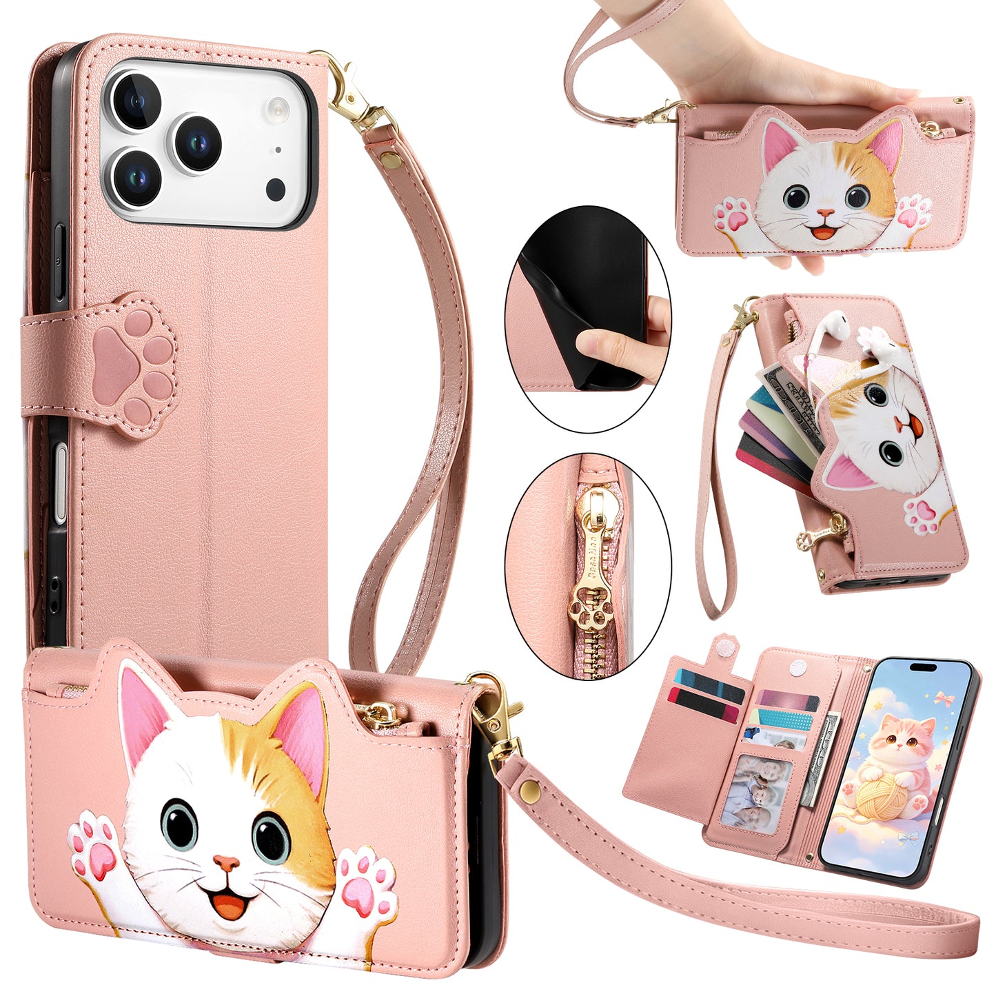 For iPhone 18 Pro / 17 Pro Case Cute Cat Pattern PU Leather Wallet Phone Cover with Wrist Strap