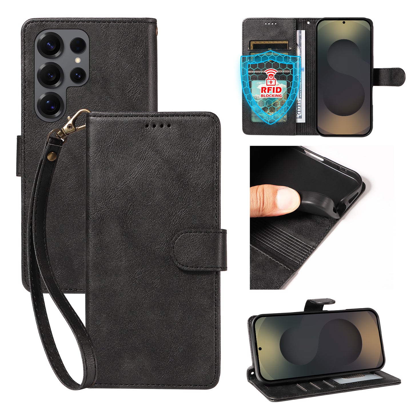 For Samsung Galaxy S25 Ultra Case with Wrist Strap RFID Blocking Wallet Cowhide Texture Leather Phone Cover