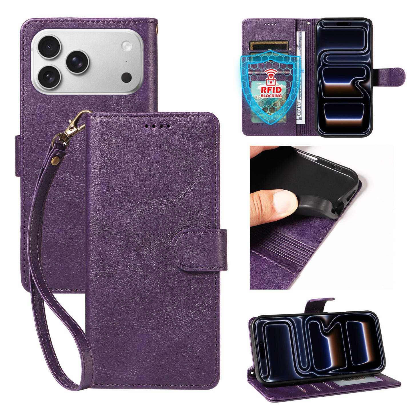 For iPhone 18 Pro Max / iPhone 17 Pro Max Case with Wrist Strap RFID Blocking Wallet Cowhide Texture Leather Phone Cover
