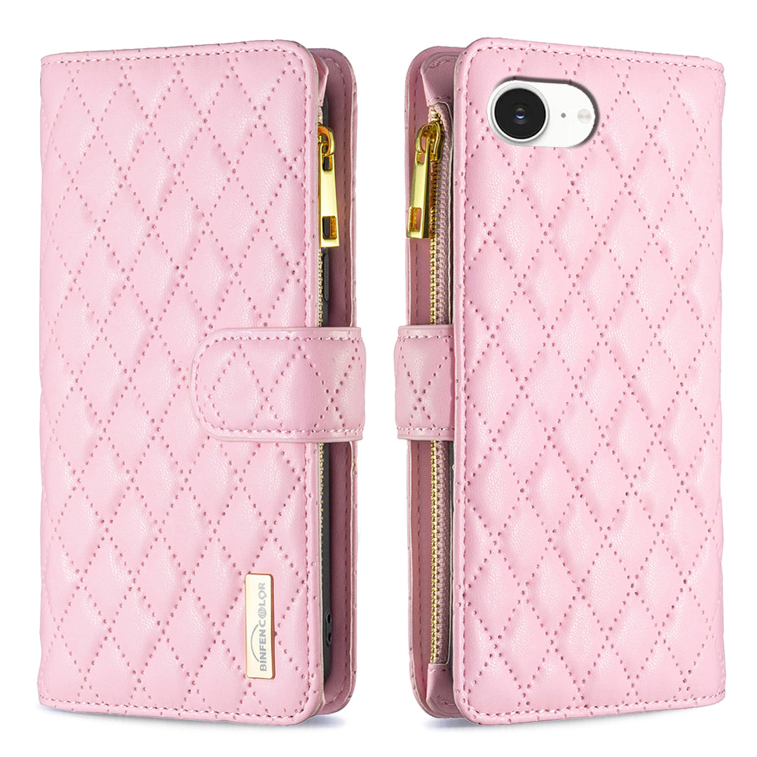 BINFEN COLOR for iPhone 16e / iPhone 17e BF Style-15 Leather Case Zipper Pocket Rhombus Phone Cover