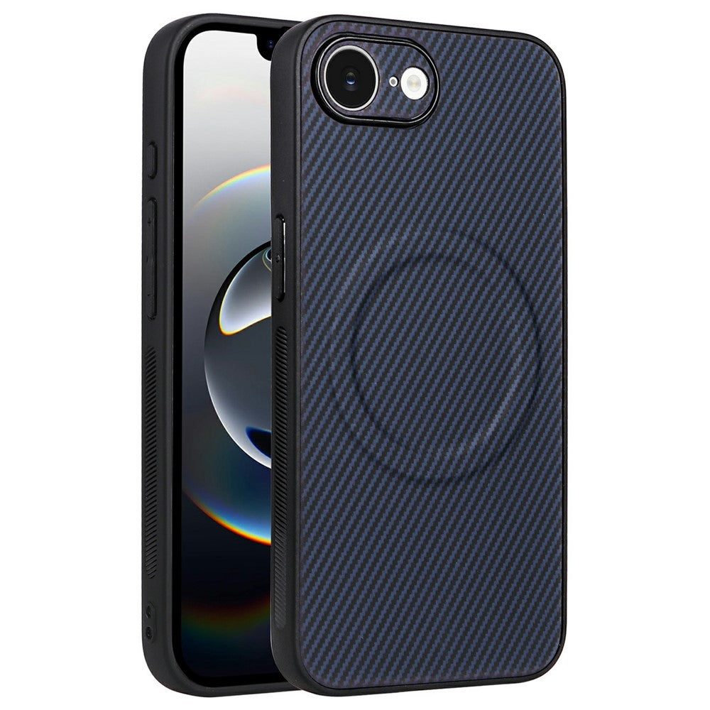 For iPhone 16e / 17e Case Carbon Fiber Texture Leather Coated TPU PC Phone Cover with Metal Ring for Magnetic Car Mount
