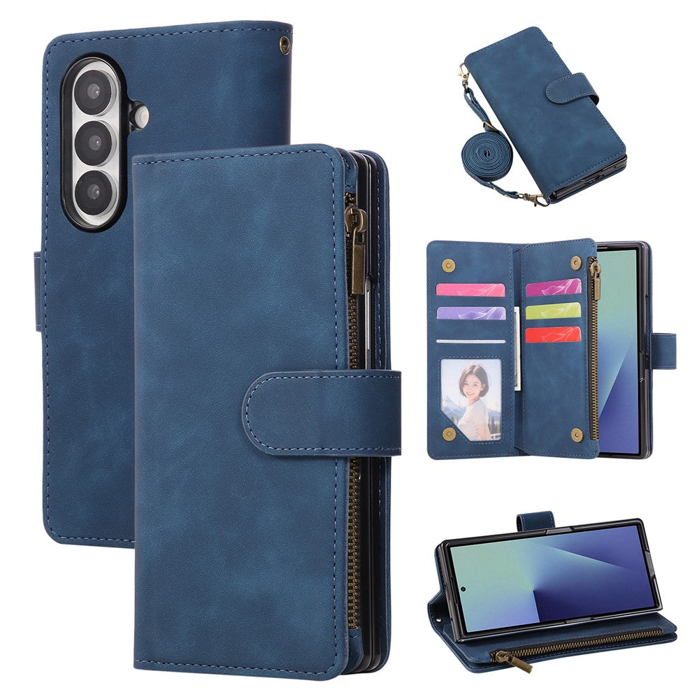 For Samsung Galaxy Z Fold8 Ultra Case Zipper Multi-Pocket Wallet Leather Phone Cover with Shoulder and Wrist Straps