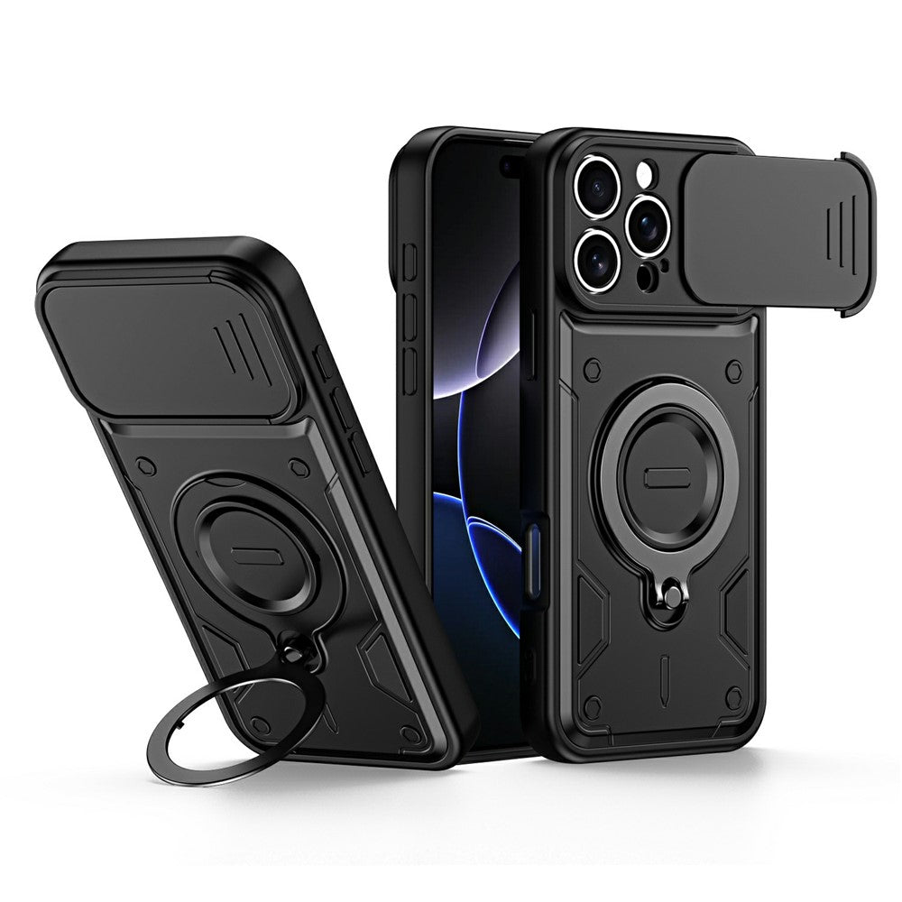 For iPhone 16 Pro Case with Slide Lens Cover Rotatable Kickstand Shockproof TPU + PC Phone Shell