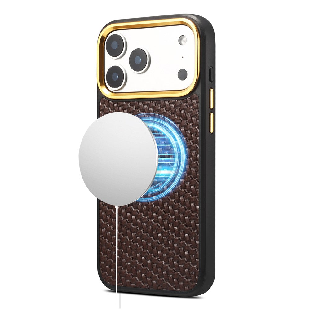 DENIOR A26+1 For iPhone 17 Pro Max Magnetic Case Woven Texture Genuine Cow Leather Coated PC TPU Phone Cover with Metal Lens Frame