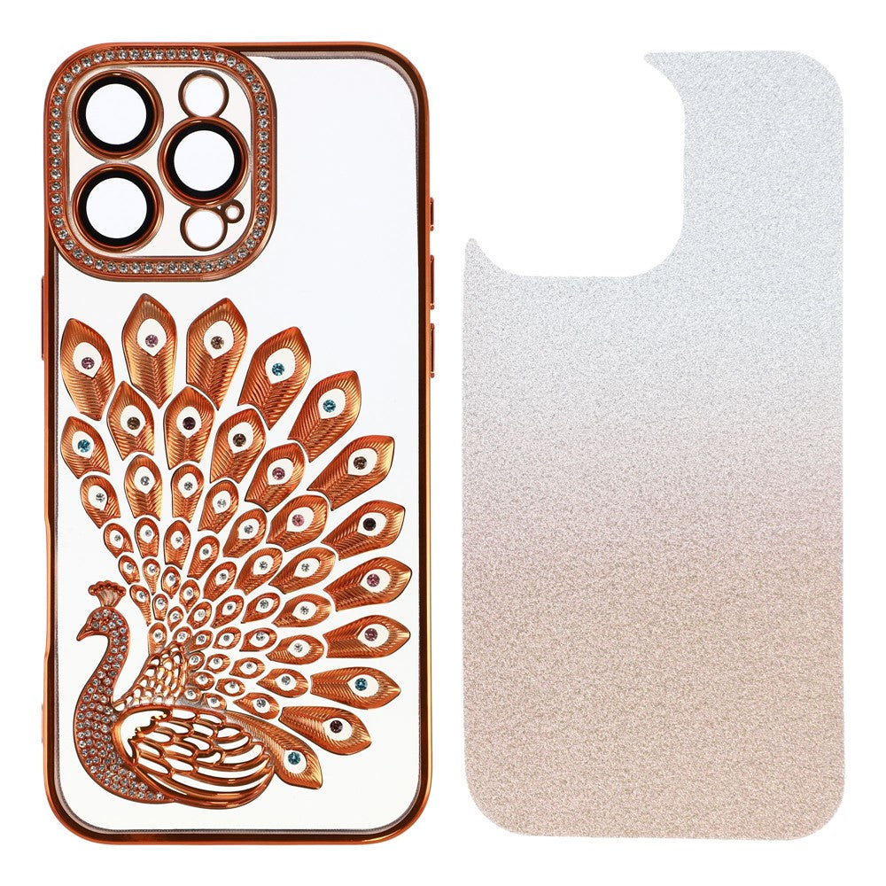 For iPhone 16 Pro Max Case 3D Peacock Electroplating Rhinestone TPU Phone Cover with Glitter Card