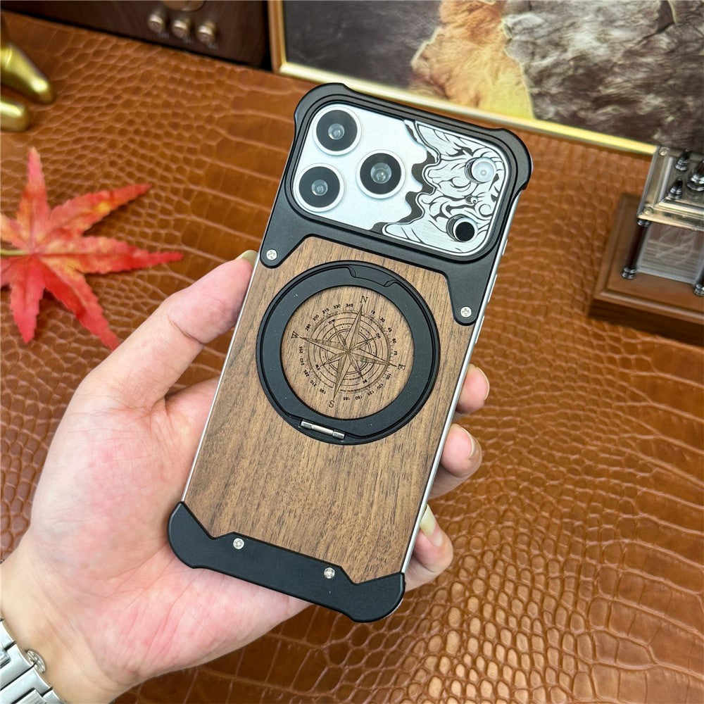 For iPhone 17 Pro Max Frameless Case Magnetic Kickstand Horse Pattern Walnut Wood Shockproof Phone Cover