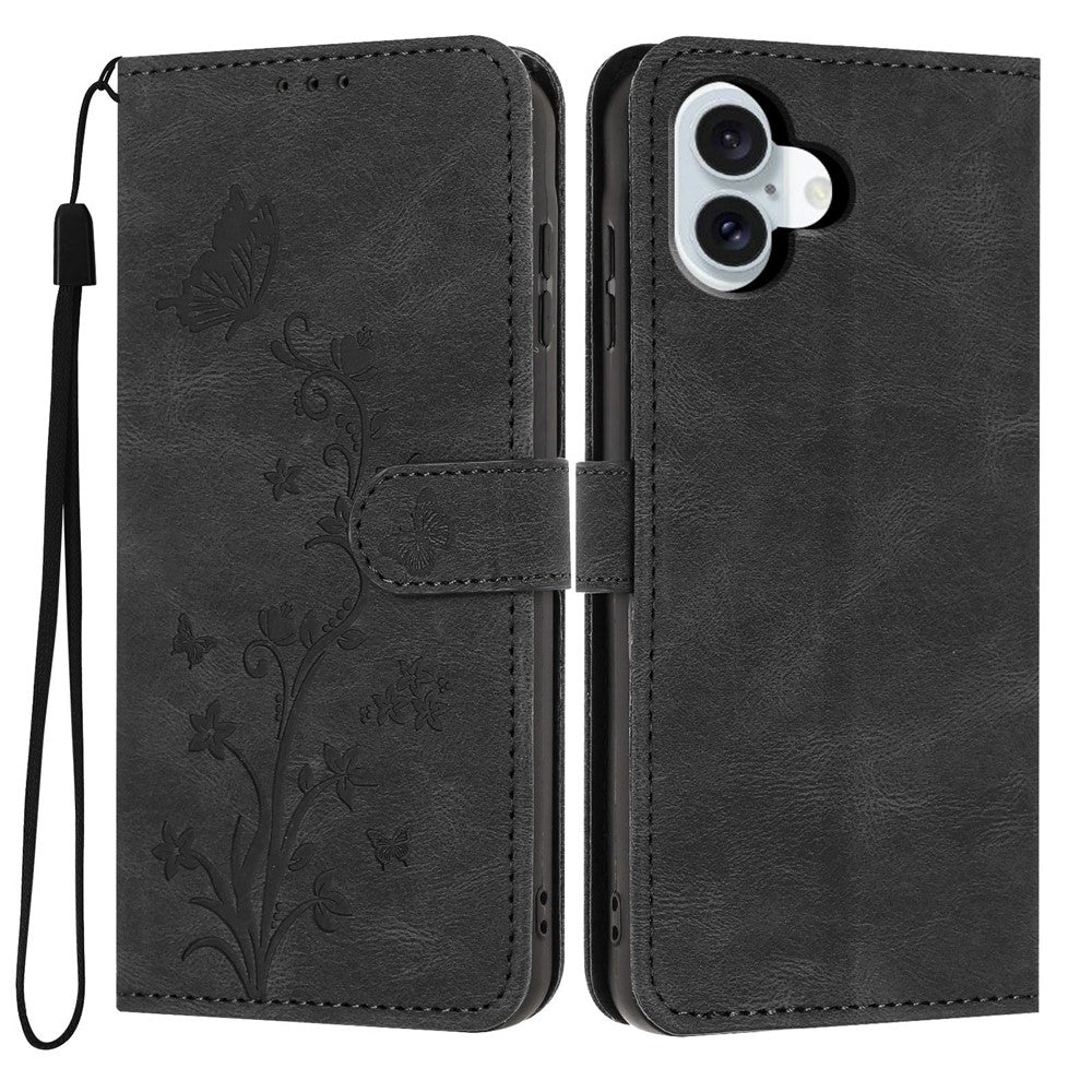 For iPhone 17 Wallet Case Butterfly Flower Imprint PU Leather Phone Cover with Wrist Strap