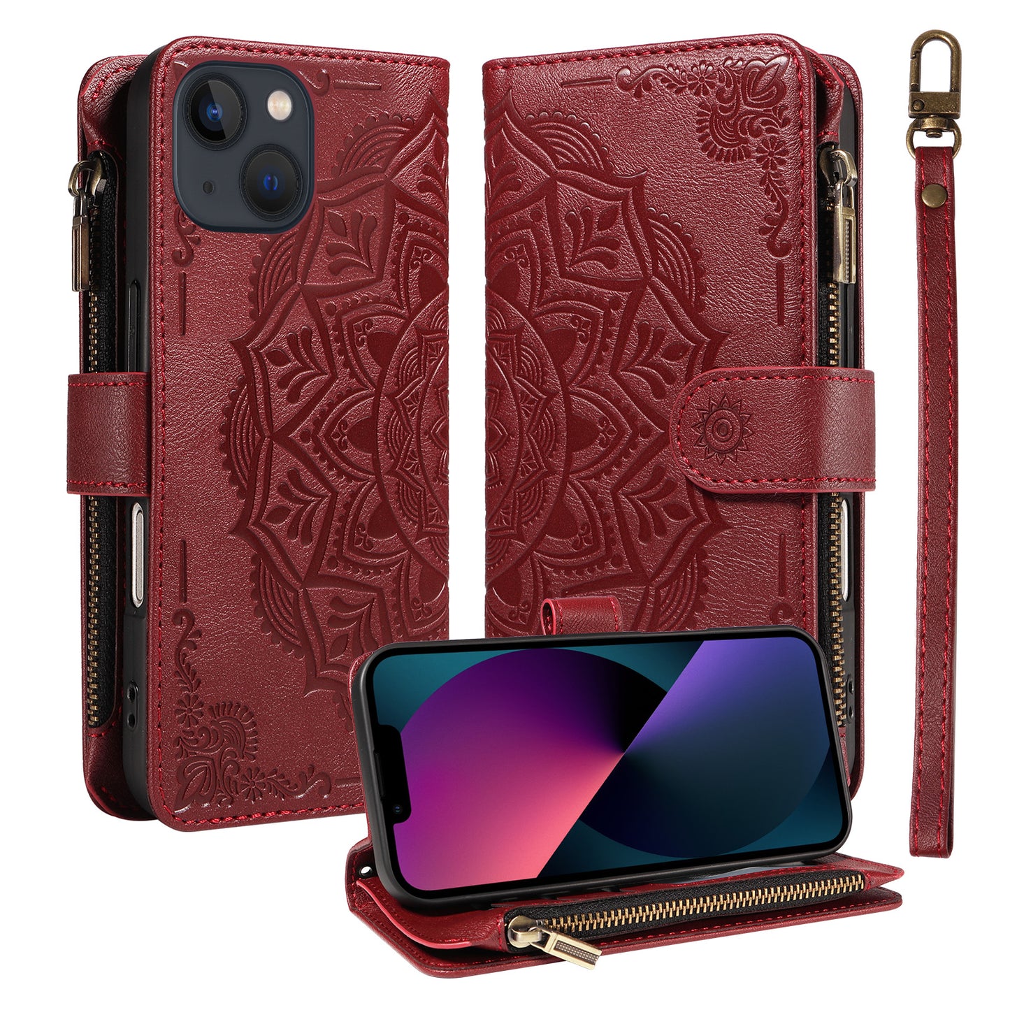 For iPhone 14 Wallet Case 9 Card Slots RFID Blocking Mandala Embossed Leather Flip Cover with Wrist Strap