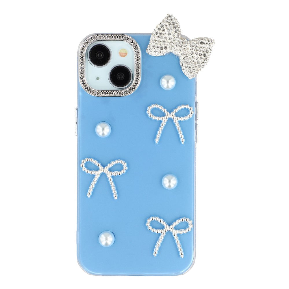 For iPhone 14 Case Pearl Bow Decor PC + TPU IMD Phone Cover with Rhinestone Camera Ring