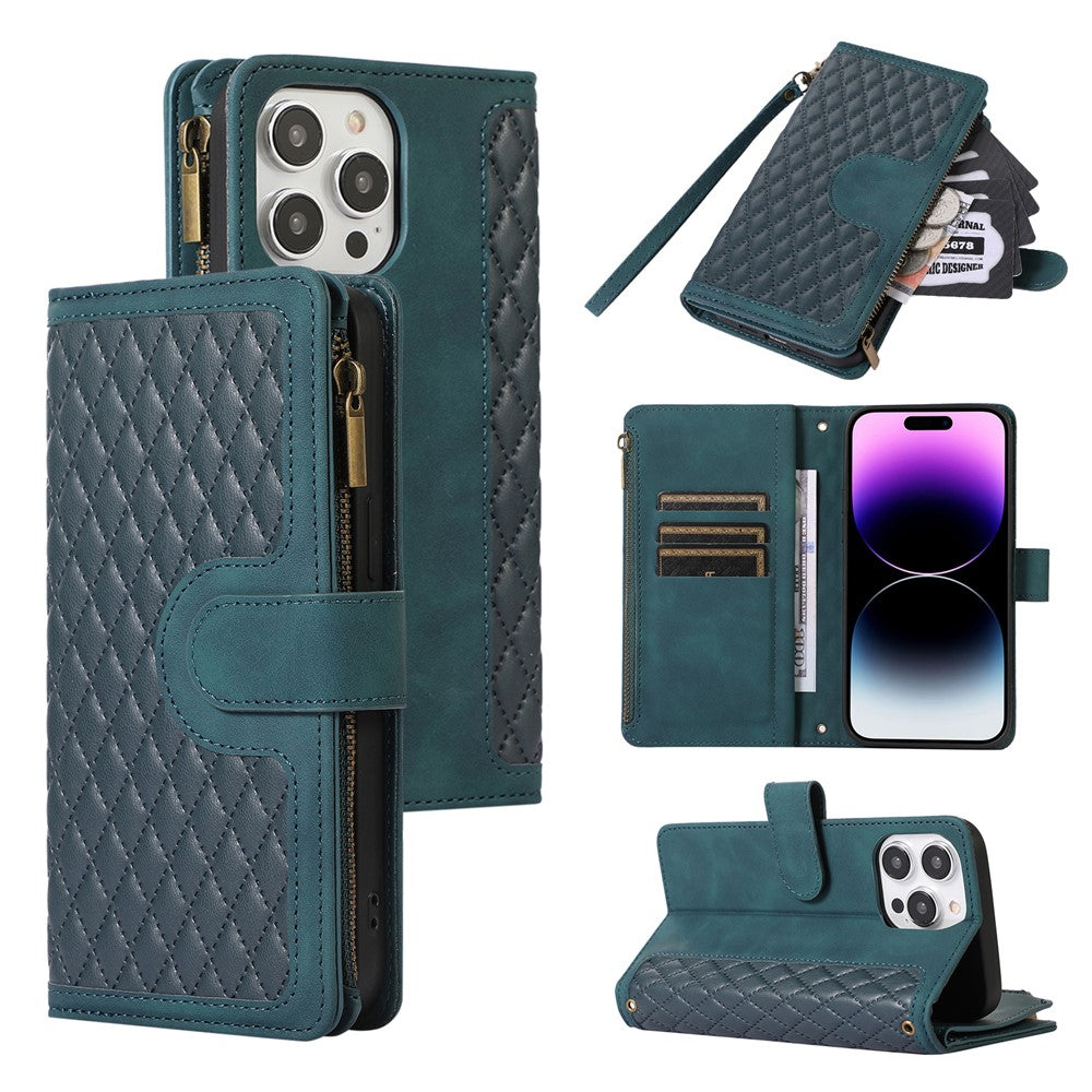 For iPhone 14 Pro Max PU Leather 9 Card Slots Phone Case Imprinted Zipper Pocket Wallet Cover with Stand
