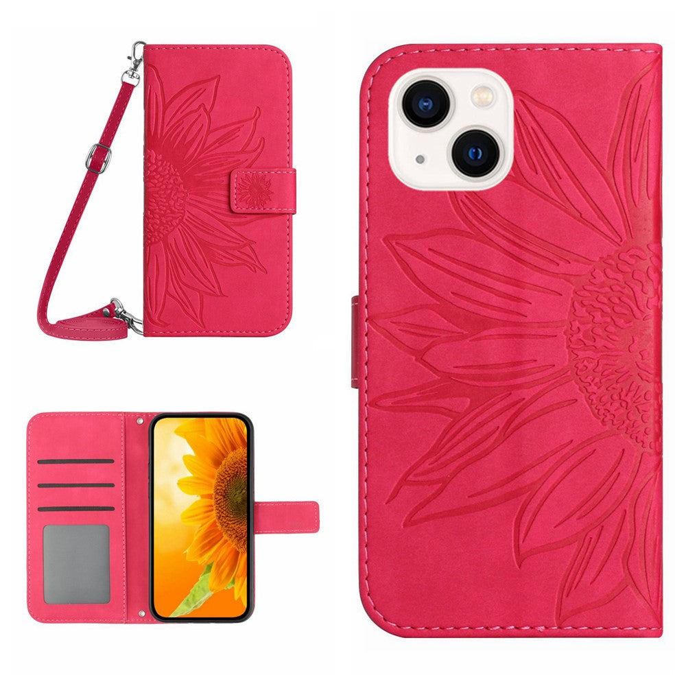 HT04 Leather Phone Case for iPhone 15 Plus Sunflower Imprint Wallet Stand Cover with Shoulder Strap