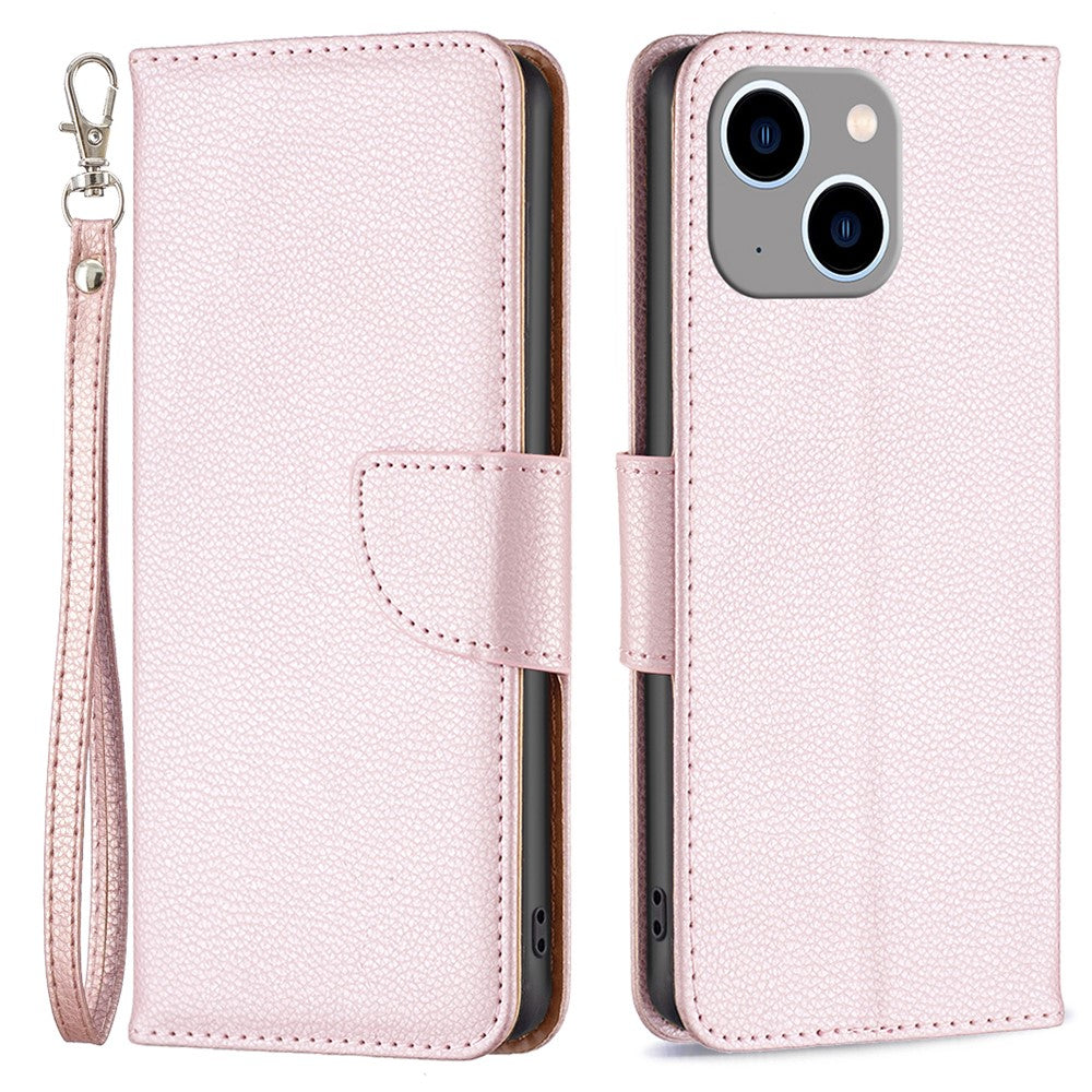 For iPhone 15 Plus Wallet Case with Wrist Strap Litchi Texture Leather Phone Stand Cover