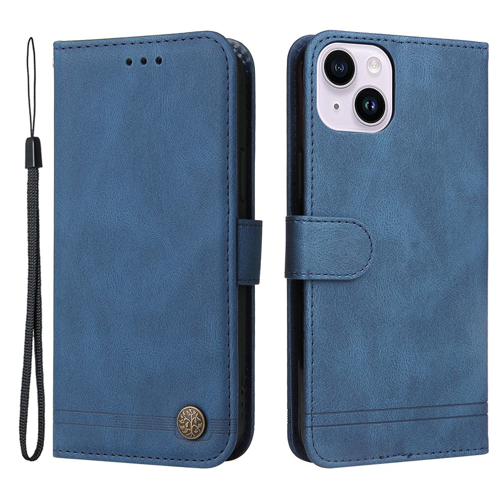 For iPhone 15 Plus Leather Wallet Cases Skin Touch Phone Cover Stand with Strap