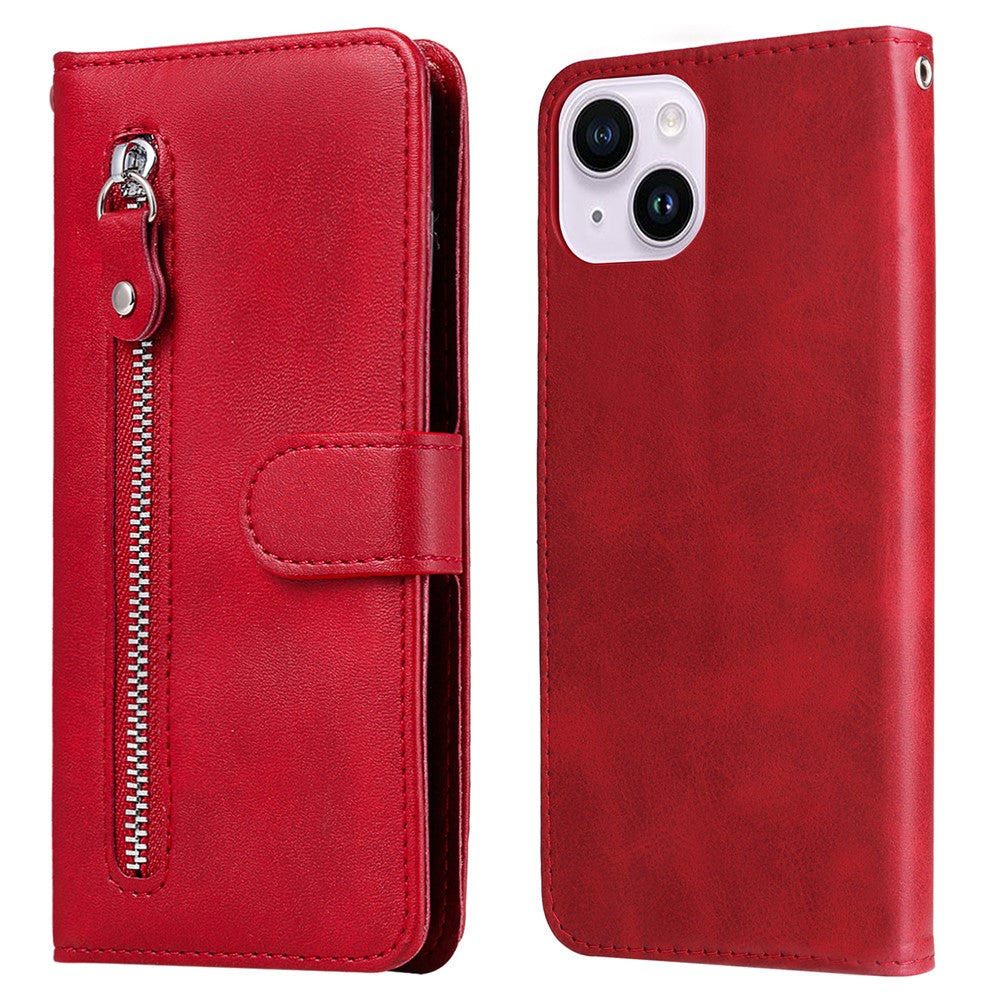 Wallet Foldable Stand Cover For iPhone 15 Plus Anti-Scratch Calf Texture Phone Case Zipper Pocket Phone Shell