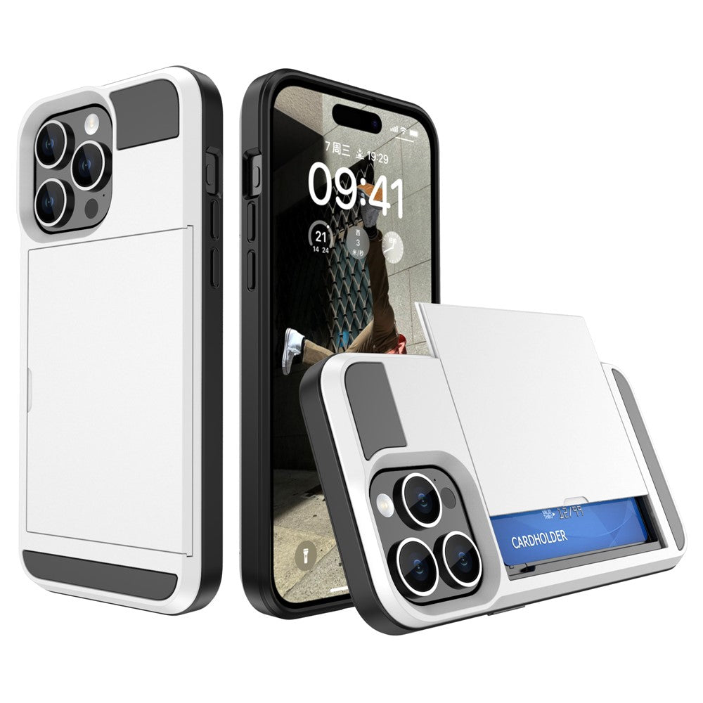 For iPhone 15 Pro Max PC+TPU Phone Cover Sliding Card Holder Anti-drop Back Case