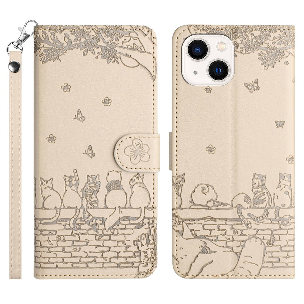 Wall Cats Imprinted Phone Cover for iPhone 15 , Stand Wallet Anti-drop Leather Case with Strap