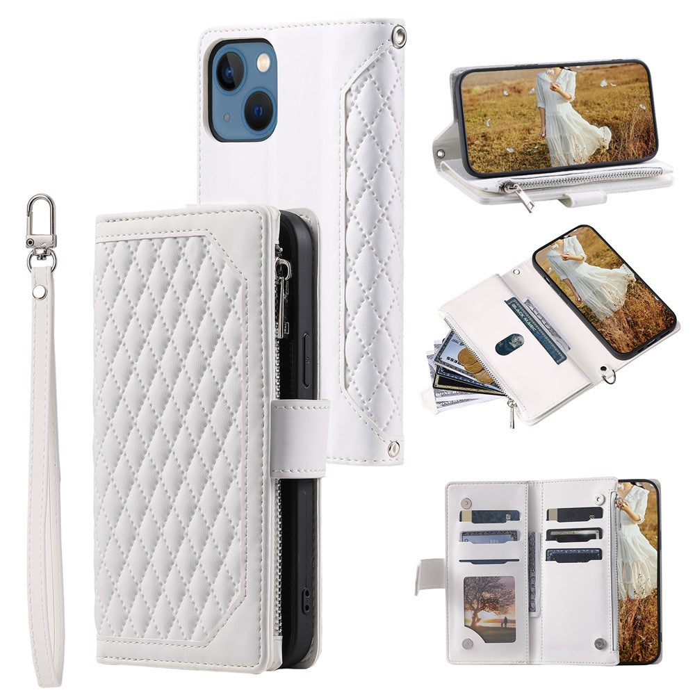 For iPhone 15 Anti-Dust PU Leather Phone Case Rhombus Texture Zipper Wallet Cover with Strap
