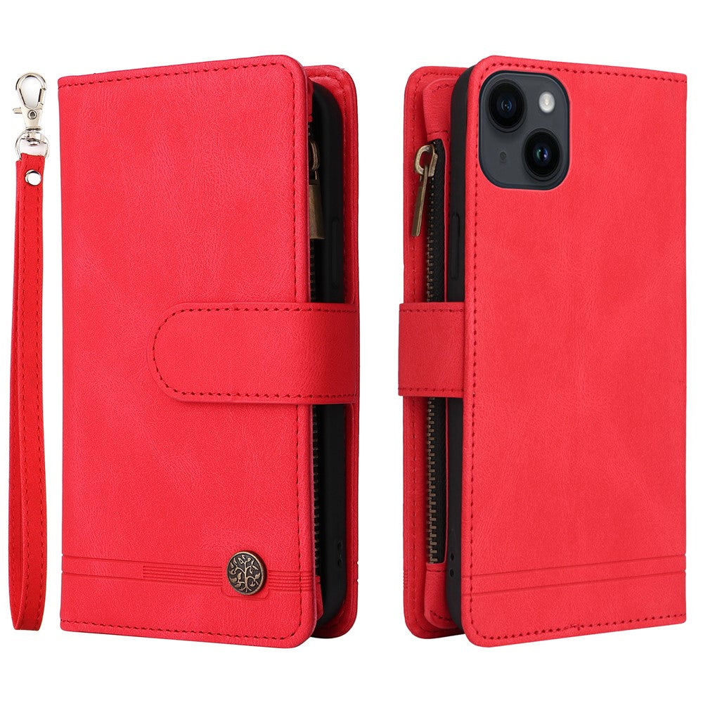 For iPhone 15 Plus Zipper Pocket Phone Case Imprinted Skin-touch Wallet Stand Multiple Card Slots PU Leather Cover