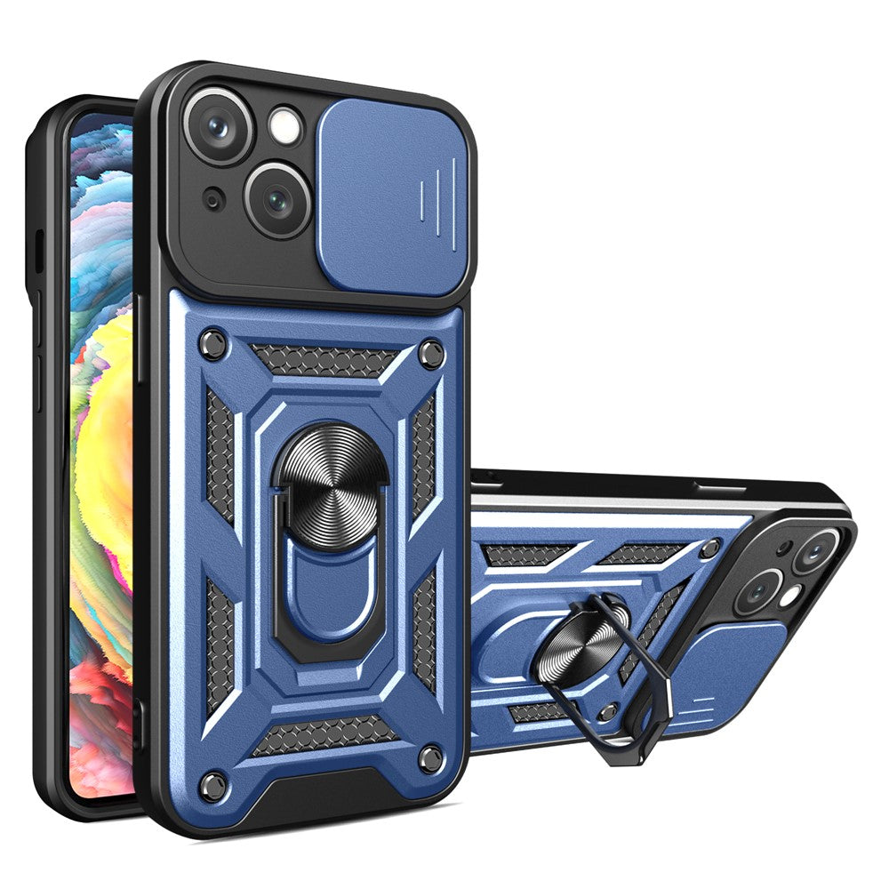 For iPhone 15 Plus Anti-Fingerprint Phone Case PC+TPU Kickstand Cover with Rear Lens Protection