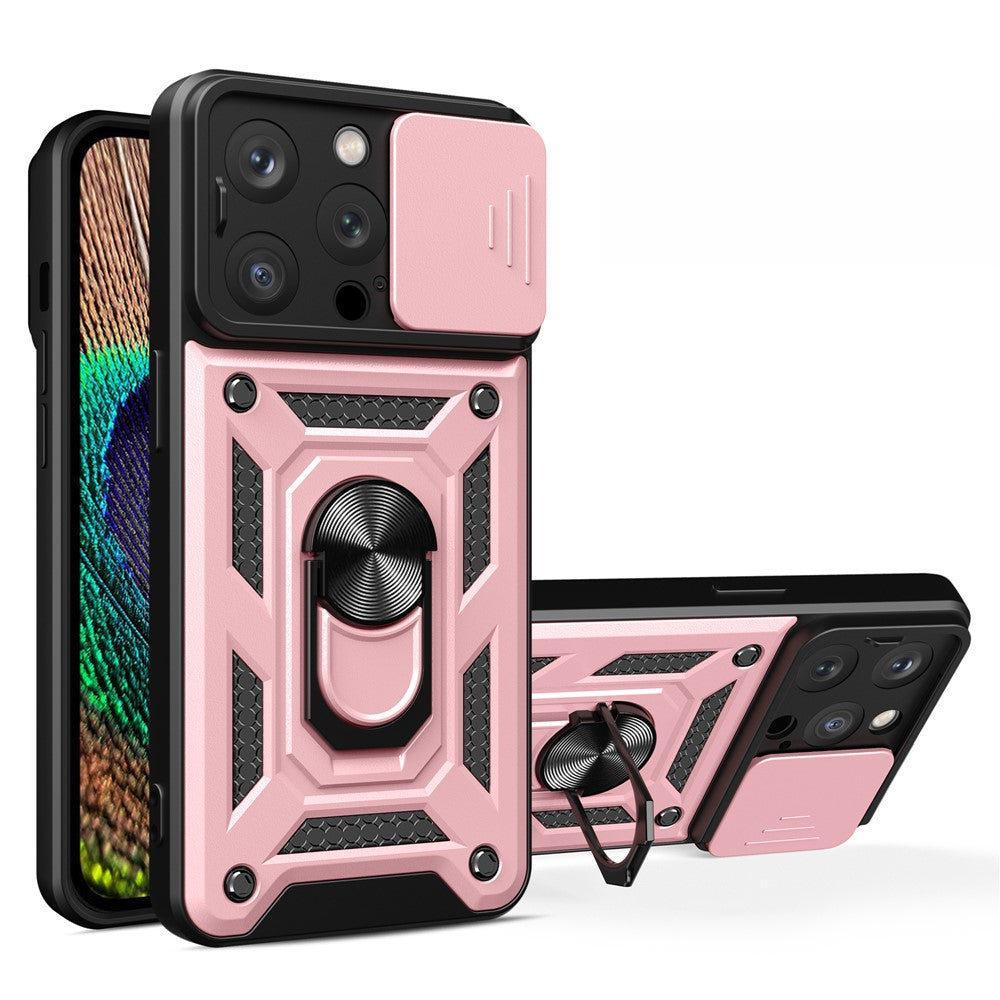 For iPhone 15 Pro Max Camera Lens Slide Design Phone Case PC+TPU Kickstand Cover