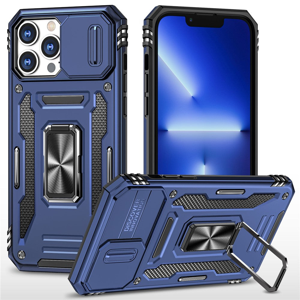 For iPhone 15 Pro Max Armor Series Metal Kickstand Cover Slide Camera Lid PC+TPU Phone Case