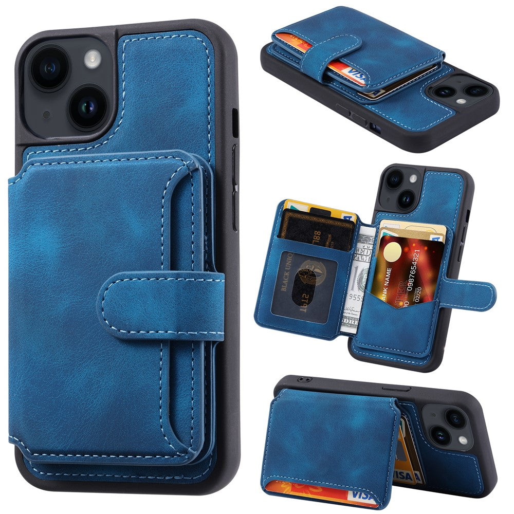 For iPhone 15 Anti-drop Leather Coated TPU Phone Case RFID Blocking Wallet Cover with Kickstand