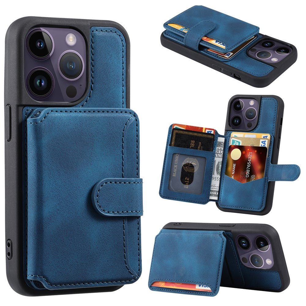 For iPhone 15 Pro Max Leather Coated TPU Phone Case RFID Blocking Wallet Anti-fall Cover with Kickstand
