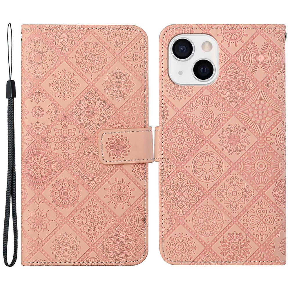 Leather Wallet Case for iPhone 15 Plus , Drop Resistant Imprinted Flower Phone Stand Cover