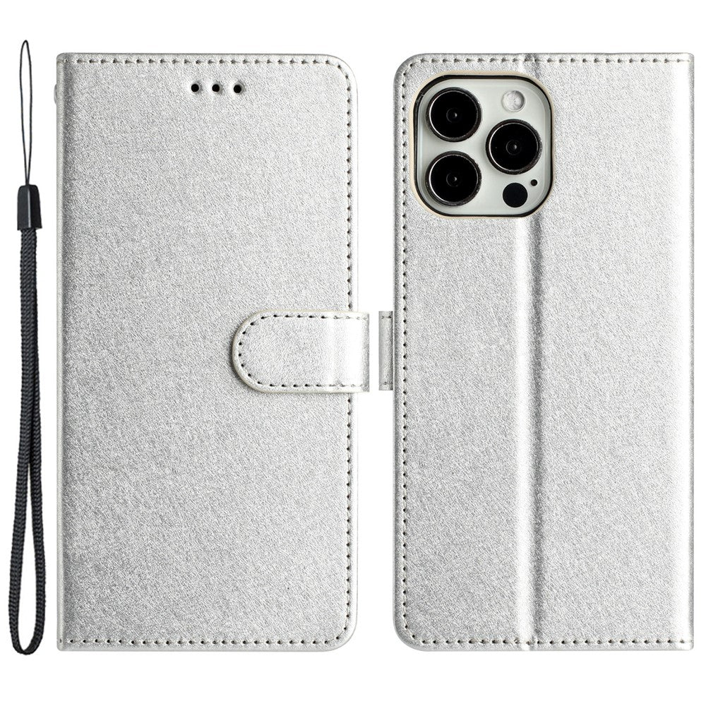 For iPhone 15 Pro Max Protective Case, PU Leather+TPU Silk Texture Wallet Stand Phone Cover with Strap