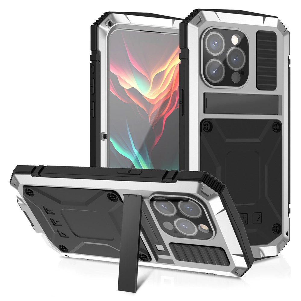 R-JUST For iPhone 15 Pro Max Anti-drop Phone Case PC+Silicone+Metal Kickstand Cover with Tempered Glass Film