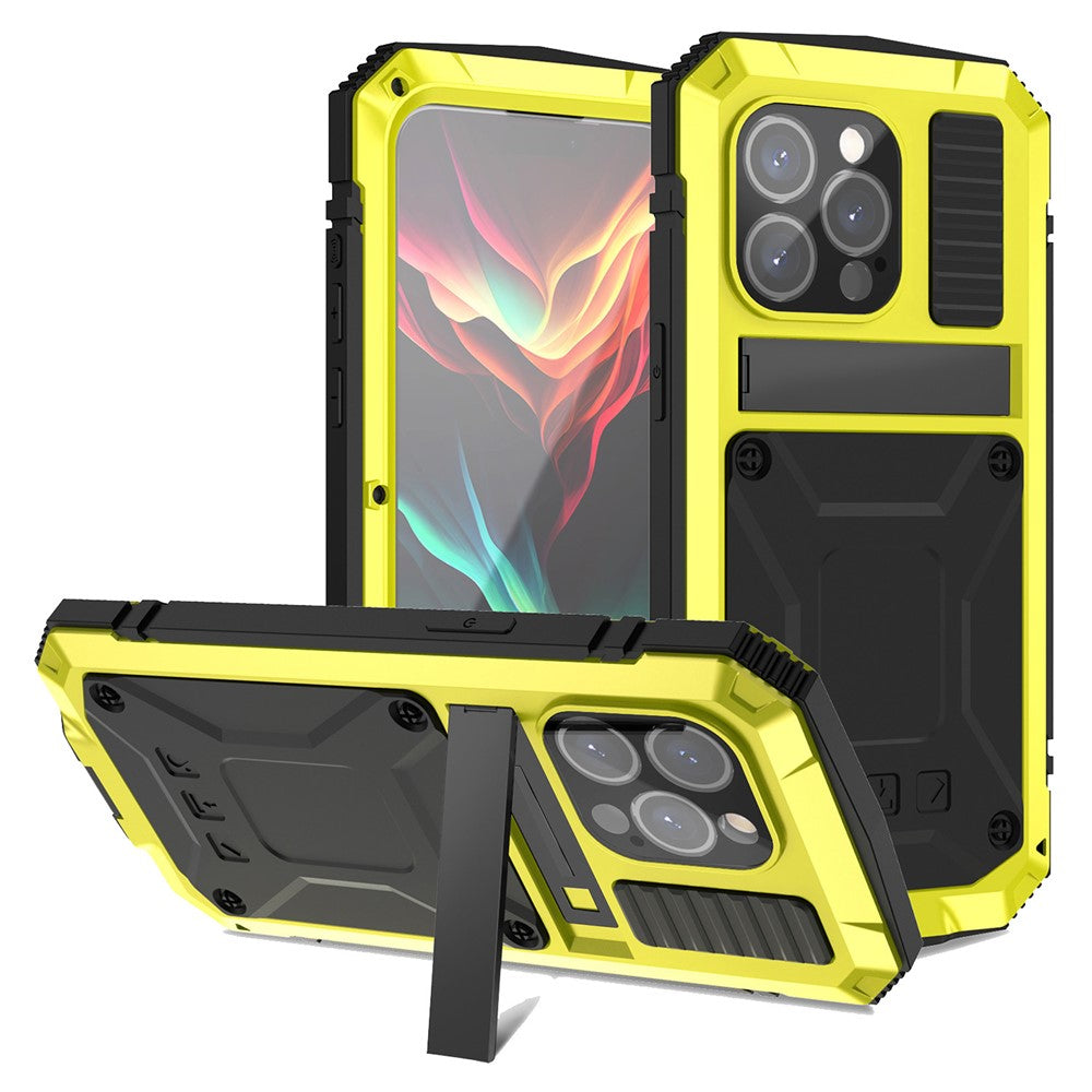 R-JUST For iPhone 15 Pro Kickstand Phone Case PC+Silicone+Metal Shockproof Cover with Tempered Glass Film