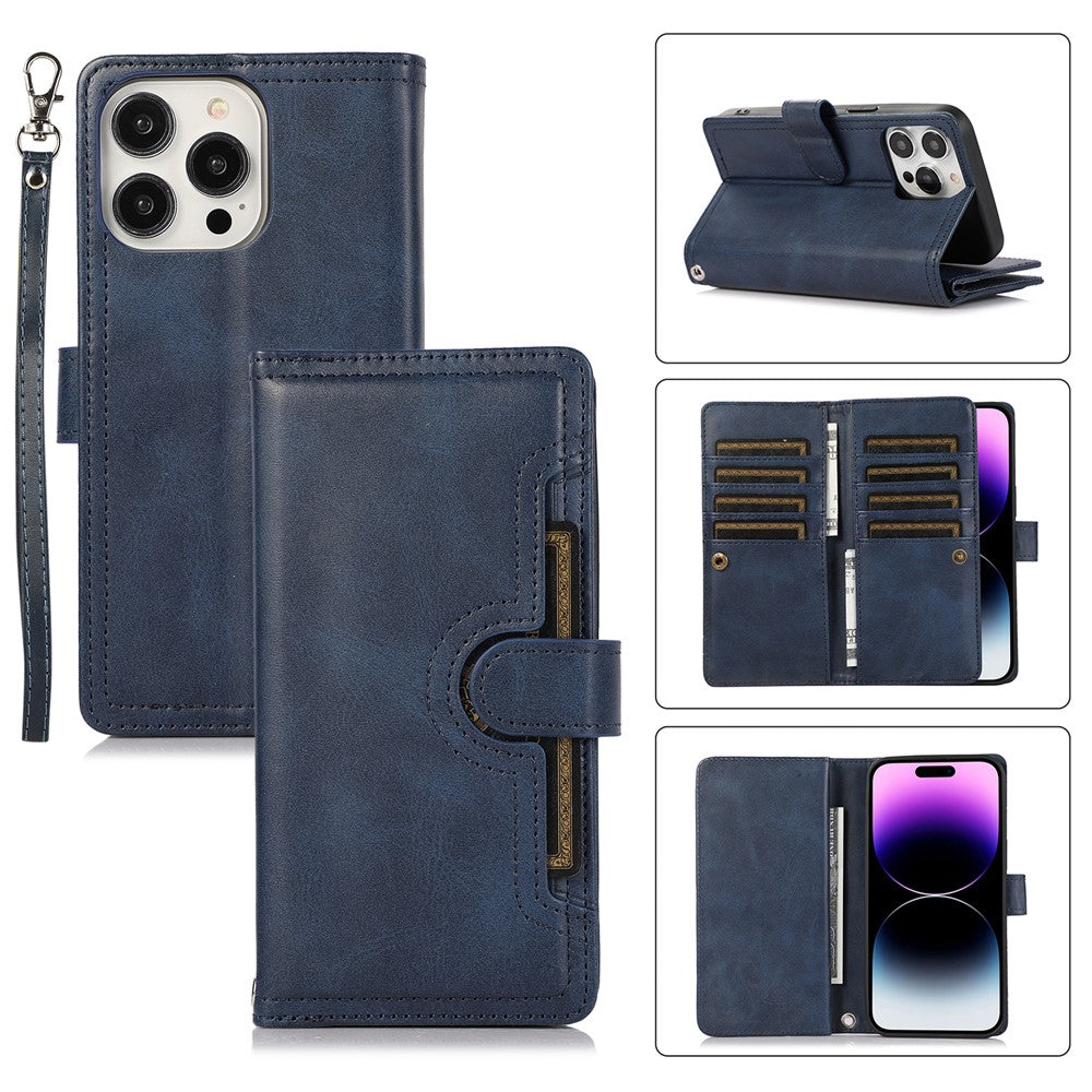 For iPhone 15 Pro Split Leather Stand Cover Multiple Card Slots Wallet Phone Case with Strap