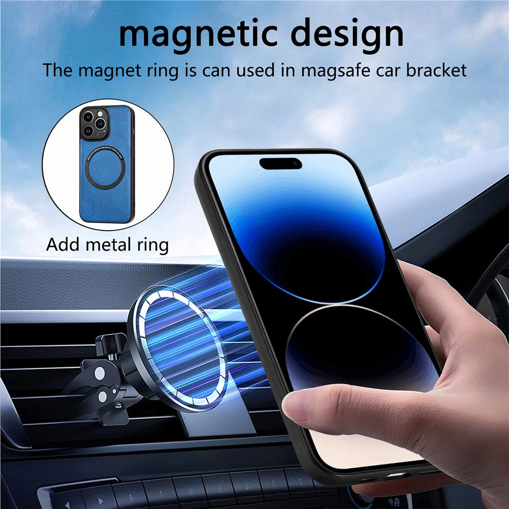 For iPhone 15 Pro Magnetic Phone Case PU Leather Coated PC+TPU Anti-drop Cover Compatible with MagSafe
