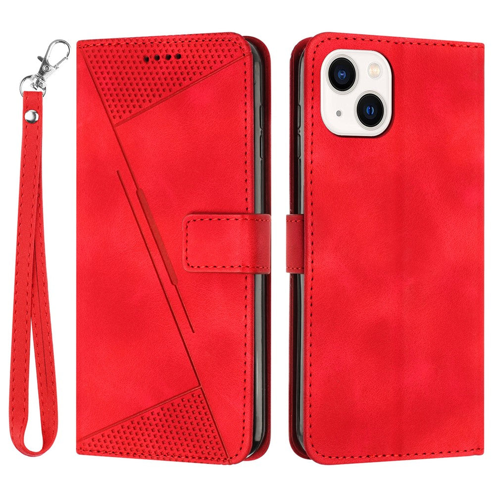 For iPhone 15 Plus Imprinted Triangle Pattern PU Leather Phone Case Stand Wallet Cover with Hand Strap