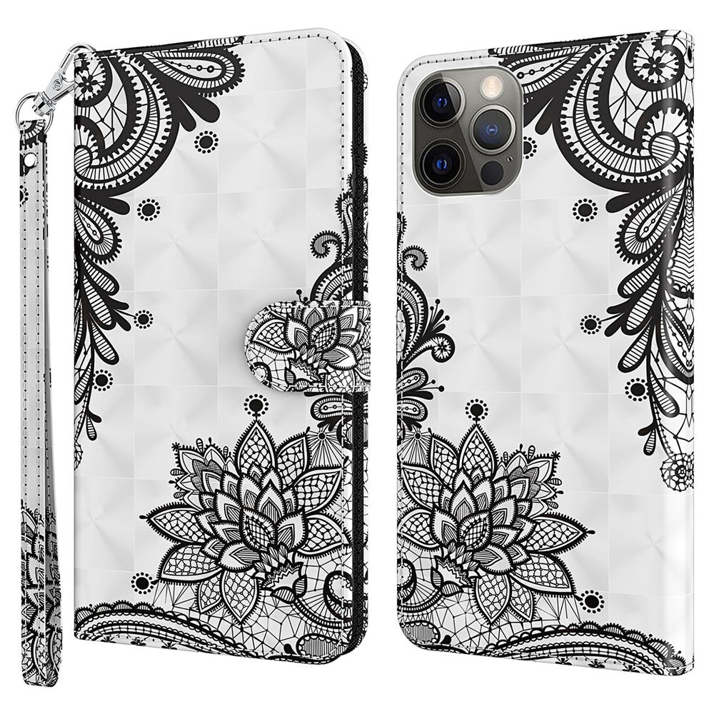 Wallet Case for iPhone 15 Pro , 3D Pattern Printing PU Leather Stand Phone Cover with Strap