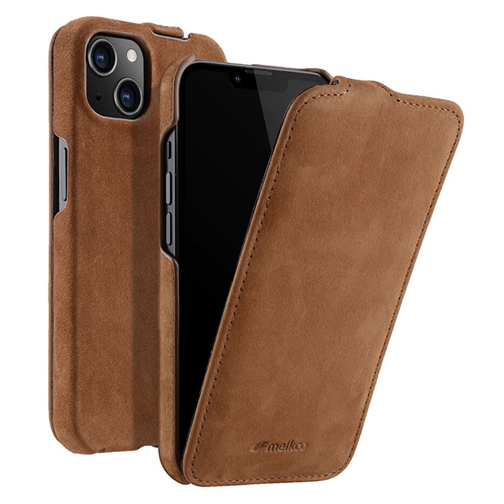 MELKCO For iPhone 14 Plus Litchi Texture Vertical Flip Cover Genuine Cow Leather+PC Phone Case