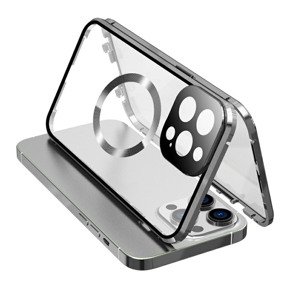 Compatible with MagSafe Case for iPhone 15 Pro Magnetic Metal Frame + Double-Sided Tempered Glass Phone Cover with Buckle Lock