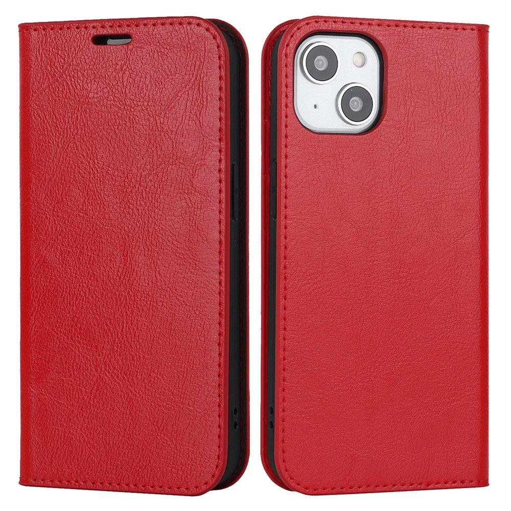 For iPhone 15 Crazy Horse Texture Stand Cover Genuine Cow Leather Wallet Protective Phone Case