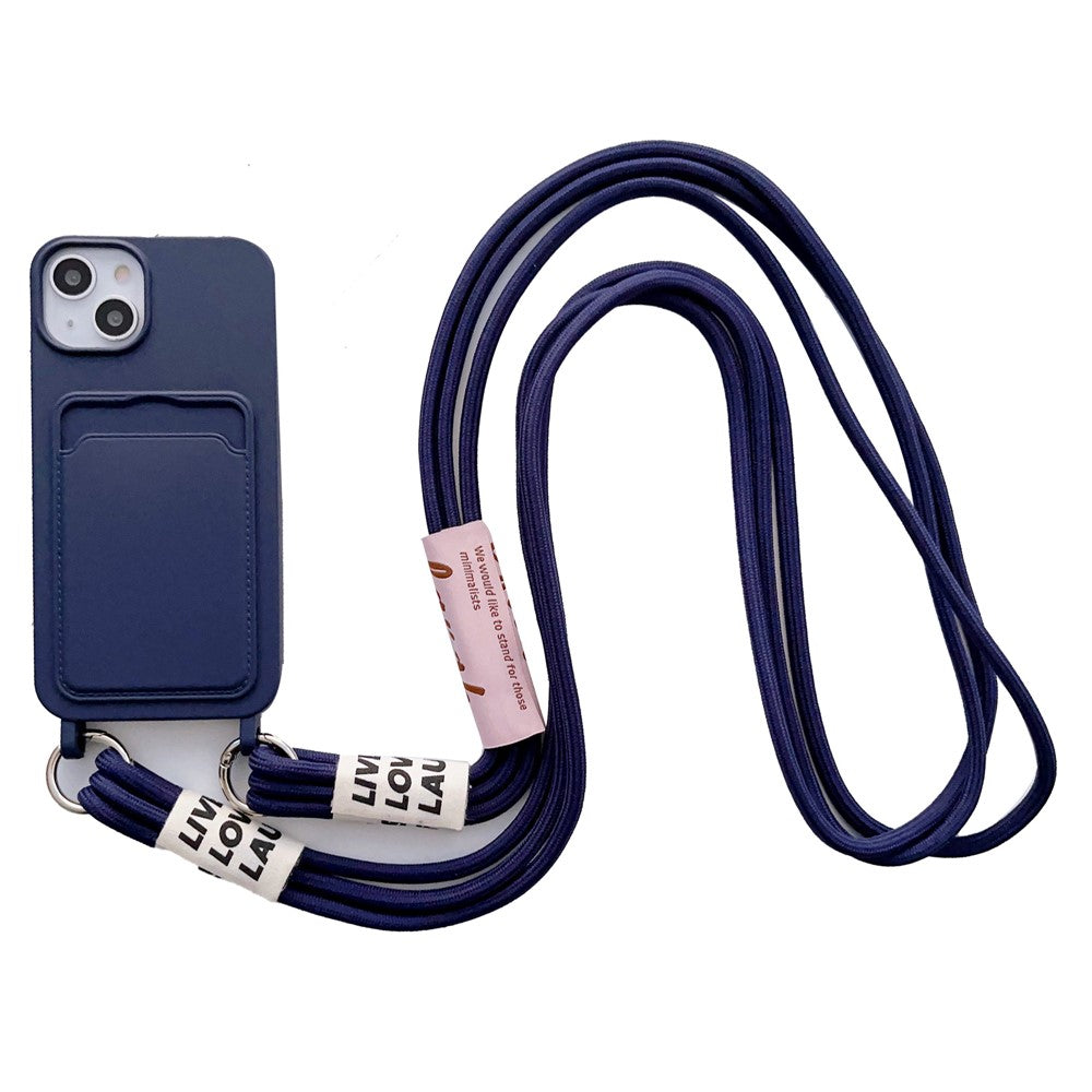 For iPhone 15 Plus Liquid Silicone Phone Case Card Slot Protective Cover with Strap